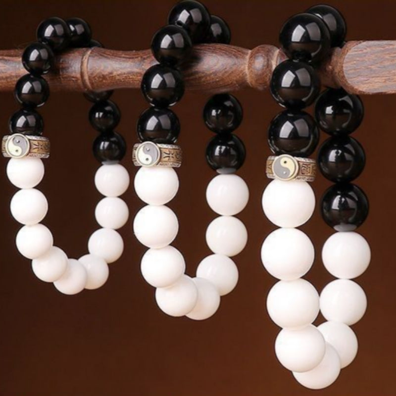 Yin-Yang Obsidian & White Shell Bracelet – 925 Silver Mantra Bead