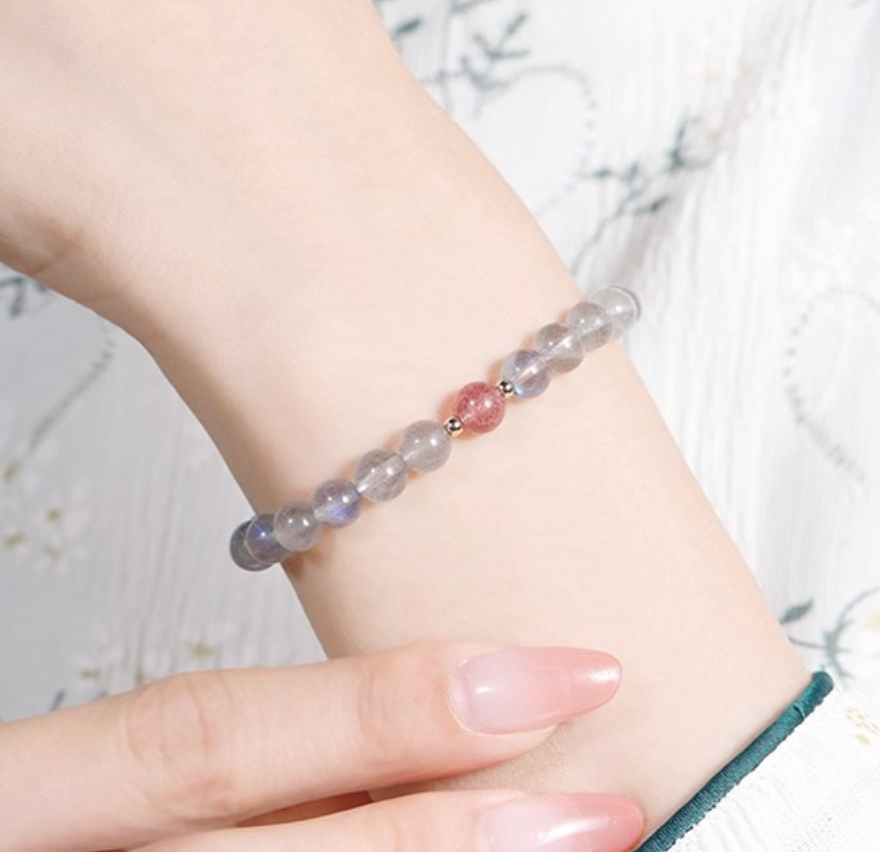 Gray Moonstone & Strawberry Quartz Bracelet – Soft Glow, Feminine Poise