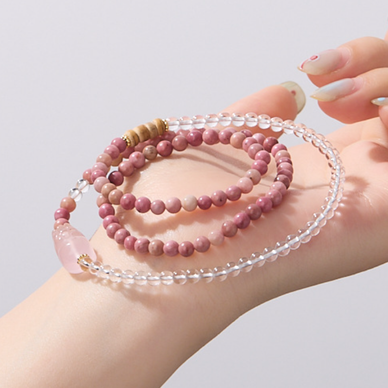 Rhodochrosite & Clear Quartz Double-Wrap Bracelet with Rose Quartz Pixiu – Love & Protection