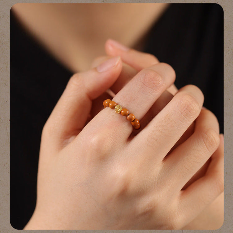 Olive Wood Bead Ring with Coin-Inspired Accent – Women’s Prosperity Talisman