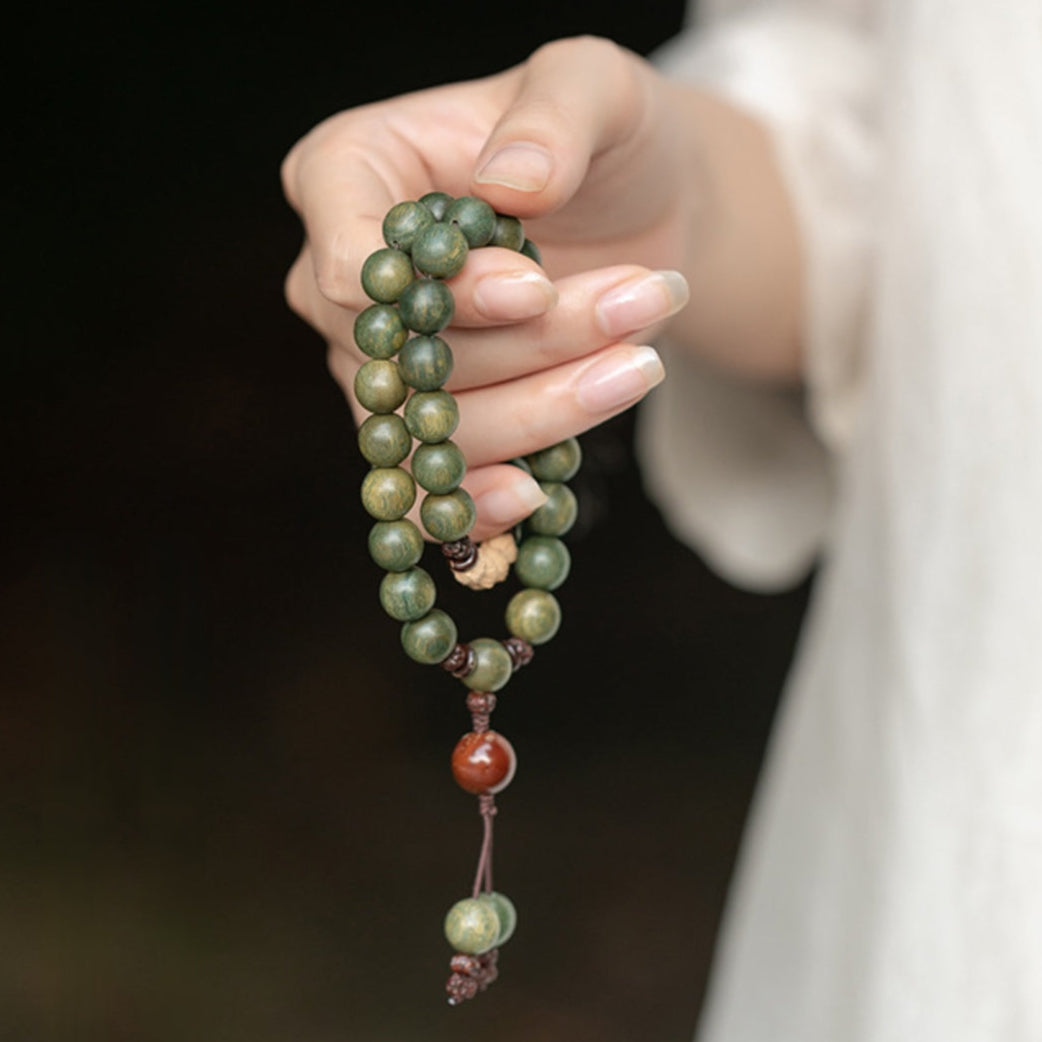 Green Sandalwood Double-Wrap Mala Bracelet with Bodhi Accents – Protection & Mindfulness