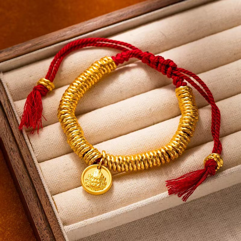 Fortune Coil Red String Bracelet – New Chinese Style, Caishen Coin Charm