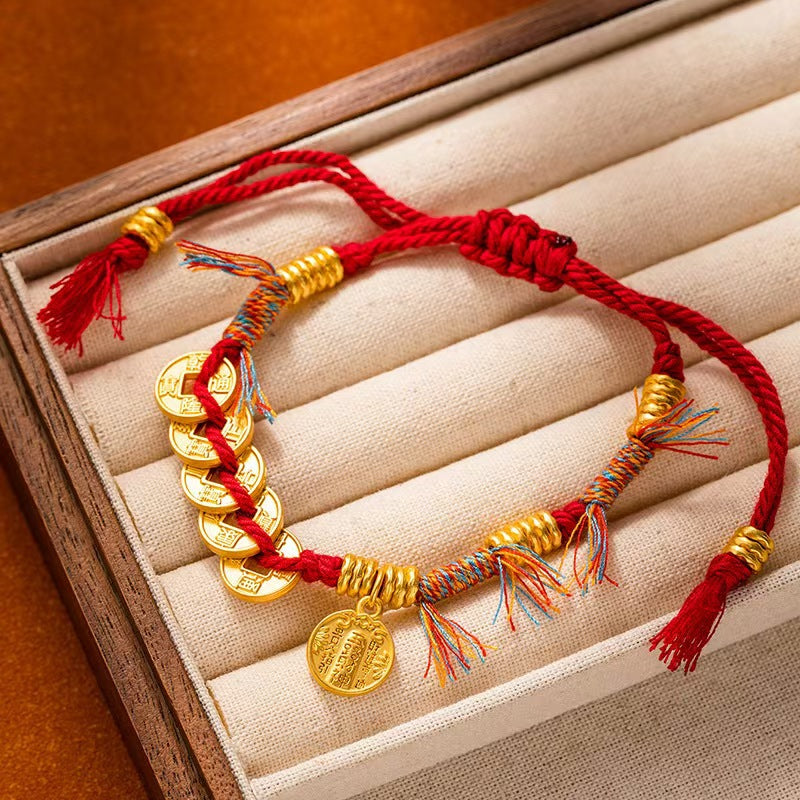 Fortune Coil Red String Bracelet – New Chinese Style, Caishen Coin Charm