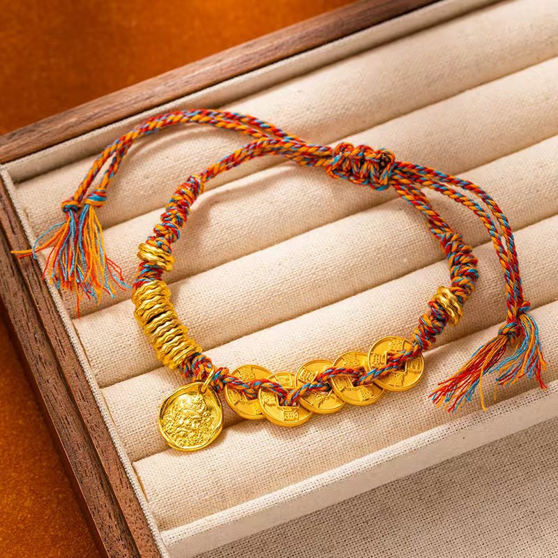 Fortune Coil Red String Bracelet – New Chinese Style, Caishen Coin Charm