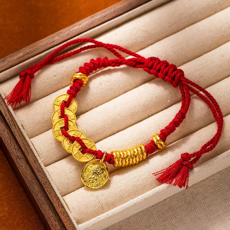Fortune Coil Red String Bracelet – New Chinese Style, Caishen Coin Charm