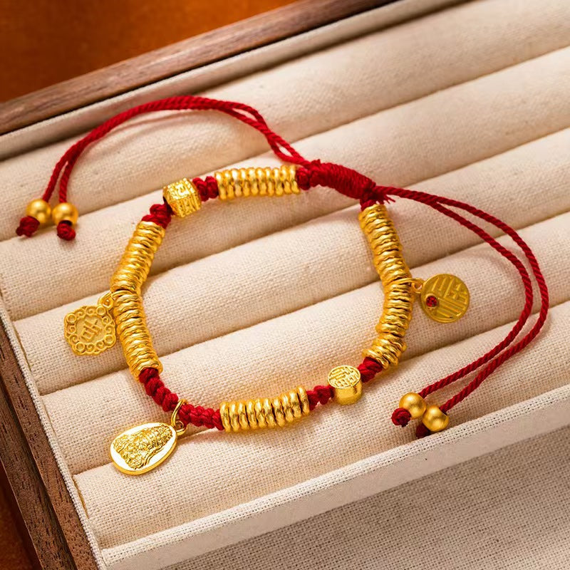 Fortune Coil Red String Bracelet – New Chinese Style, Caishen Coin Charm