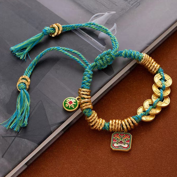 Fortune Coil Red String Bracelet – New Chinese Style, Caishen Coin Charm