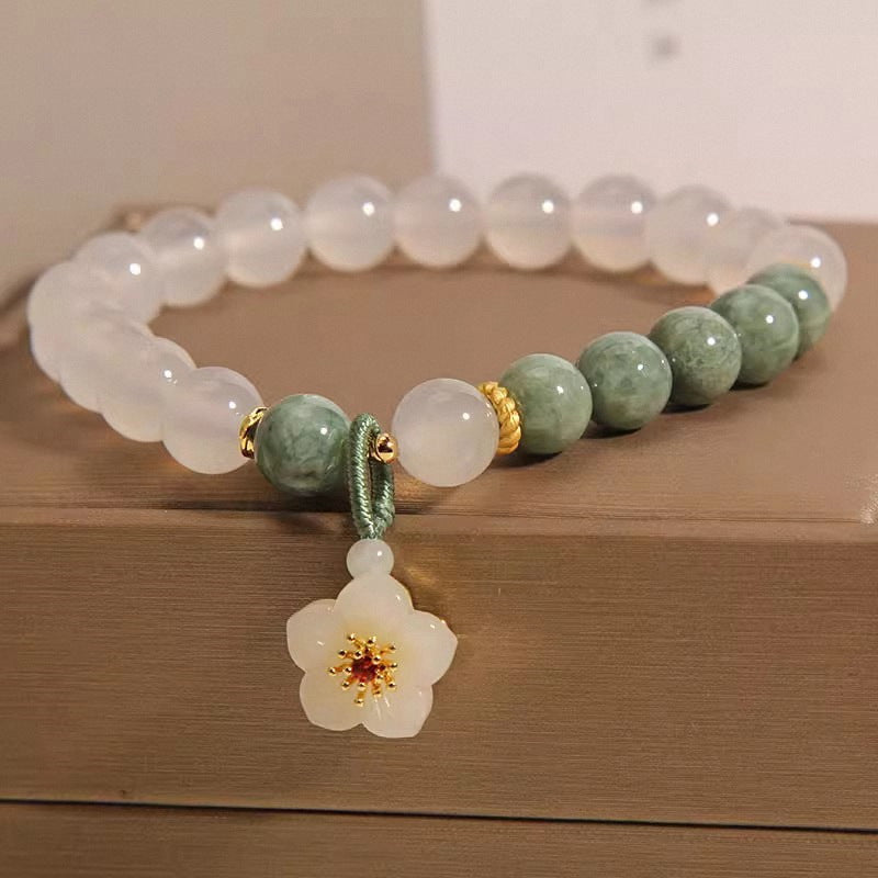 White Jade & Green Aventurine Bracelet with Plum Blossom Charm – Women’s Elegance & Harmony